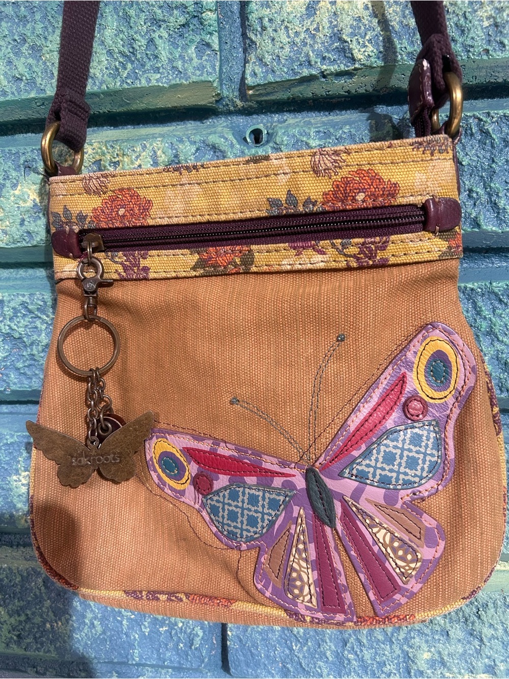 Sakroots Fossil Women's Tan Butterfly Crossbody Bag with Purple Accents vintage